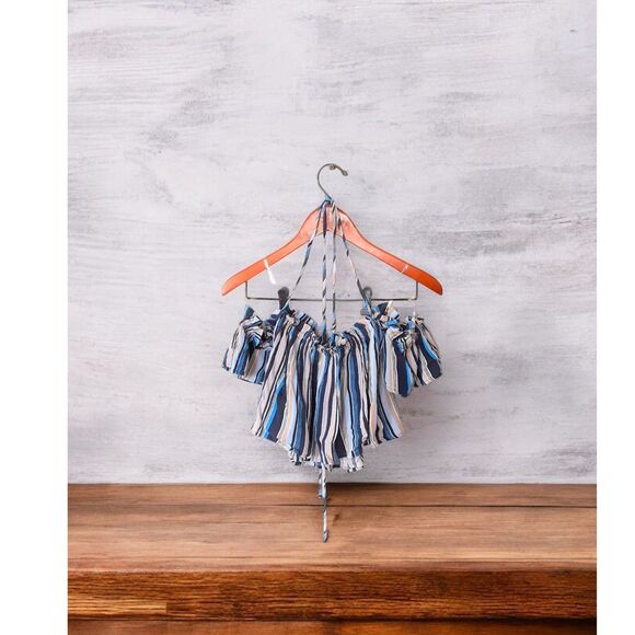 Chocolate USA Blue Stripe Off Shoulder Halter Top S Ruffle Sleeves Crop Style - Picture 1 of 8